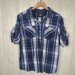 Harley Davidson Blue Plaid Pullover Short Sleeve Half Button Size Large